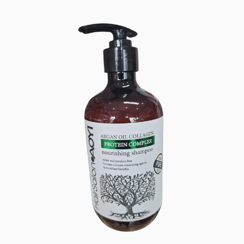 Shampoo bottle with pump labeled 'Argan Oil Collagen Protein Complex' on a white background