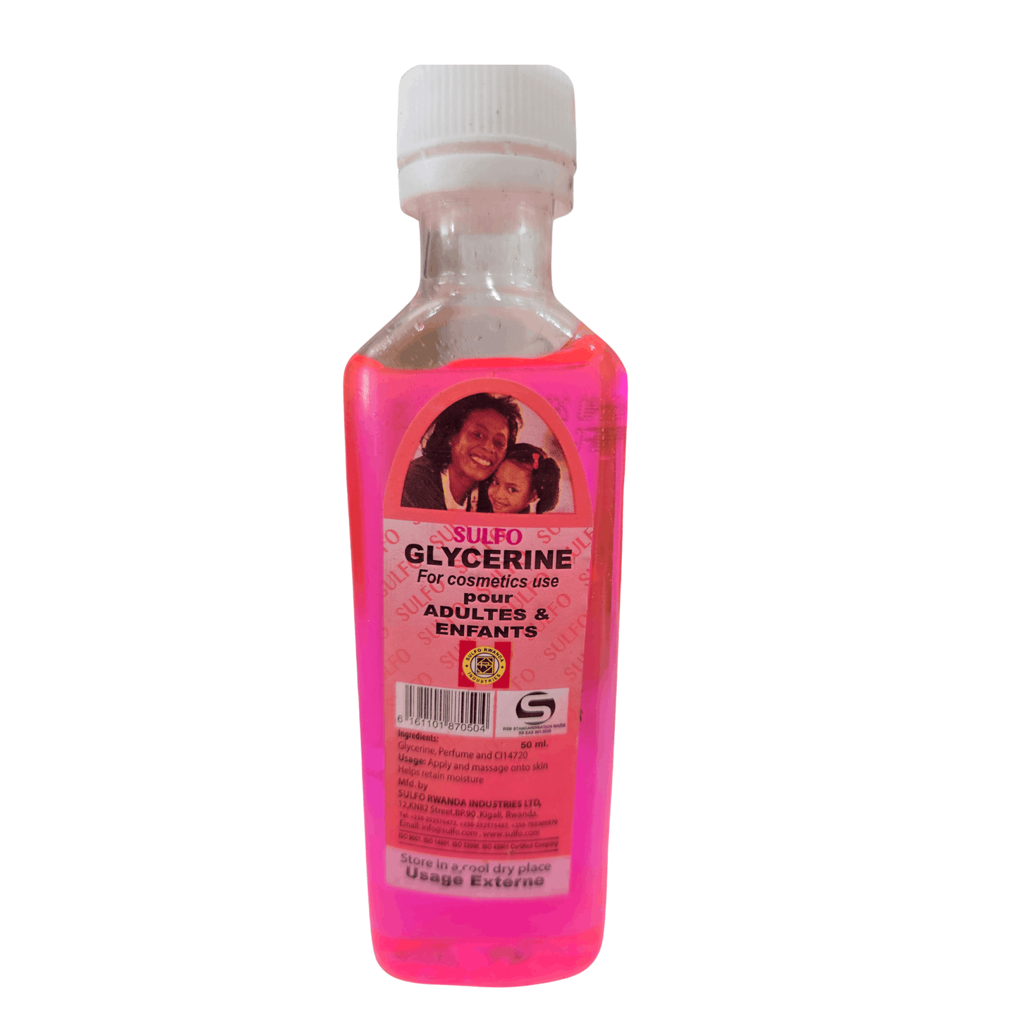A clear plastic bottle of Sulfo Glycerine cosmetic oil filled with bright pink liquid, featuring a white cap and a pink label with a photo of a mother and child.