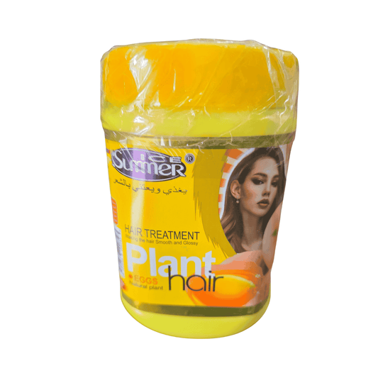 A jar of Summer Plant Hair Egg treatment, featuring a bright yellow lid and label with a photo of a woman, wrapped in clear plastic on a white background.