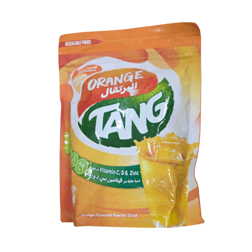 Tang orange flavored powder drink package on a white background