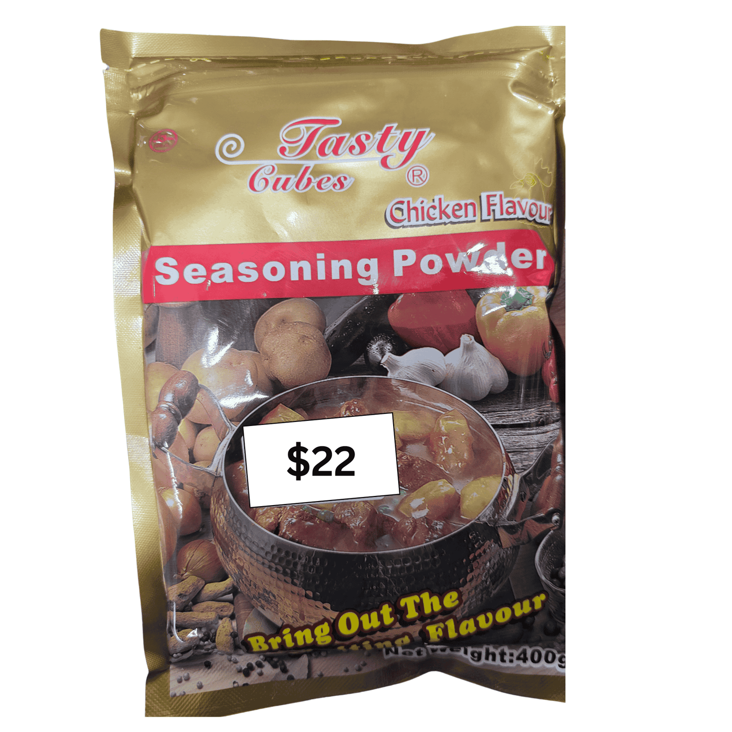 A 400g bag of Tasty Cubes Chicken Flavour Seasoning Powder. The packaging is metallic gold with a red banner reading 'Seasoning Powder' and a photo of a cooked stew pot.