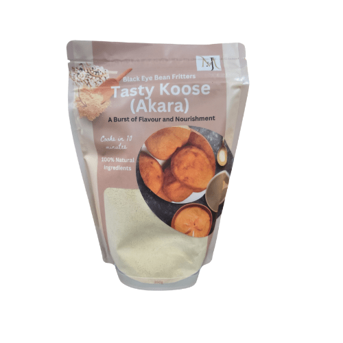 Package of Tasty Koose Akara with bean and flour images on a white background