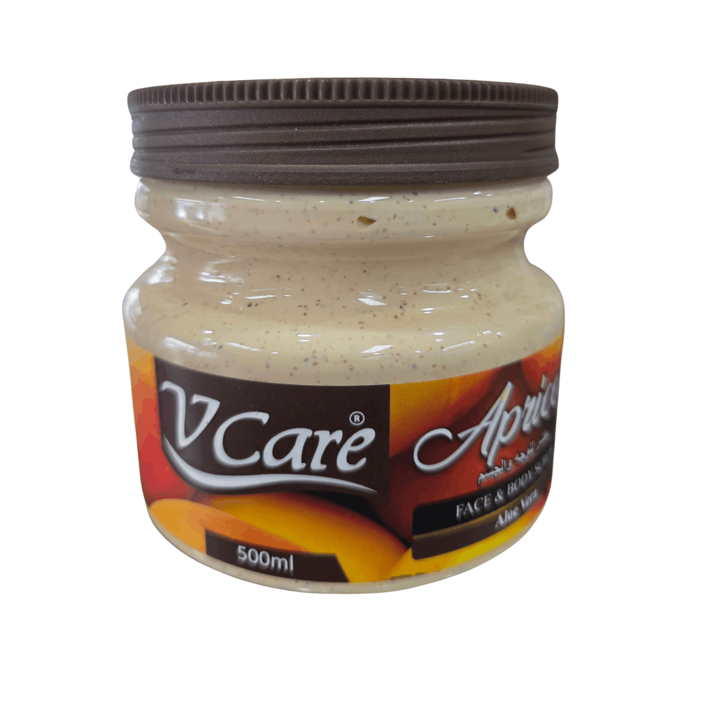 Jar of VCare Apricot facial scrub on a white background