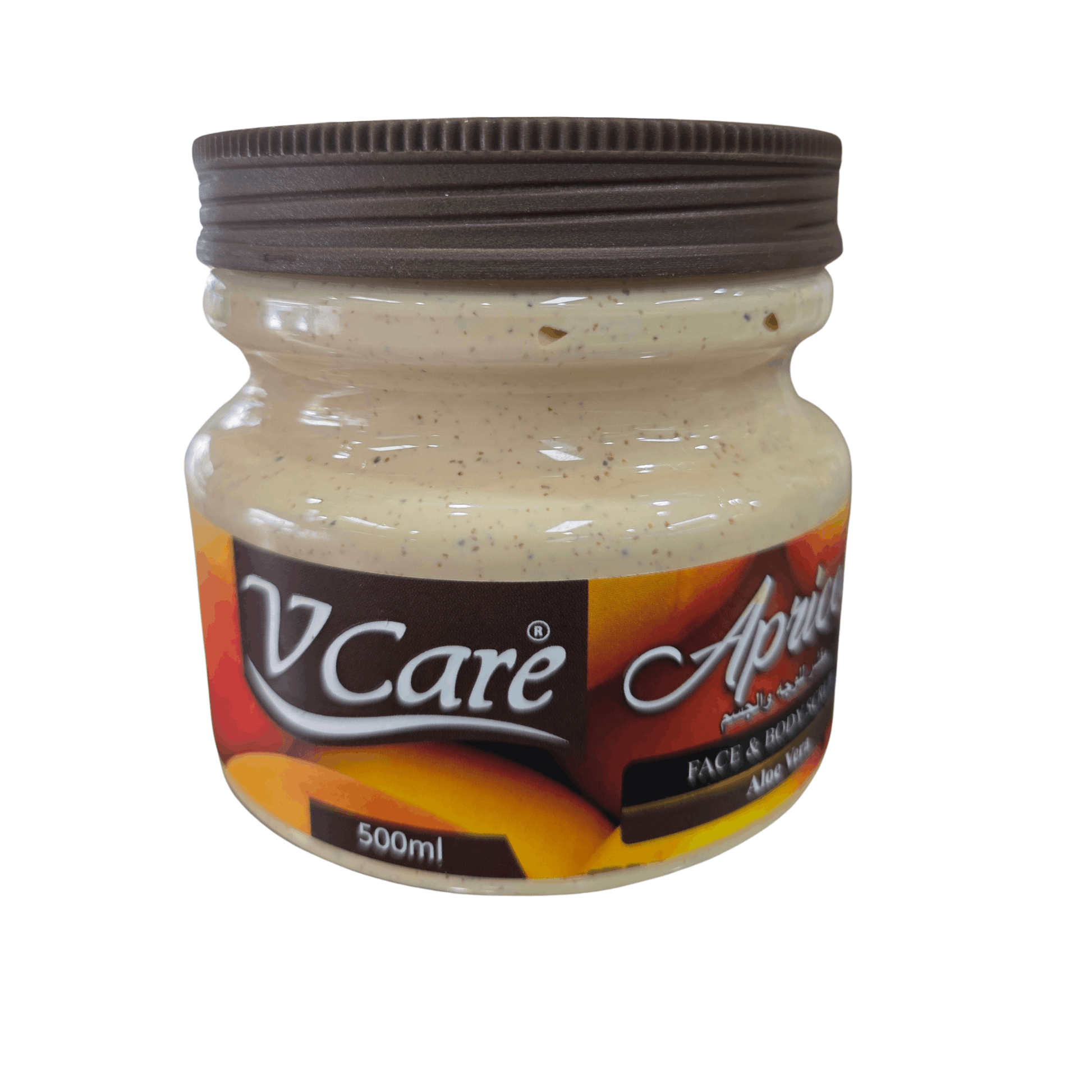 Jar of VCare Apricot facial scrub on a white background