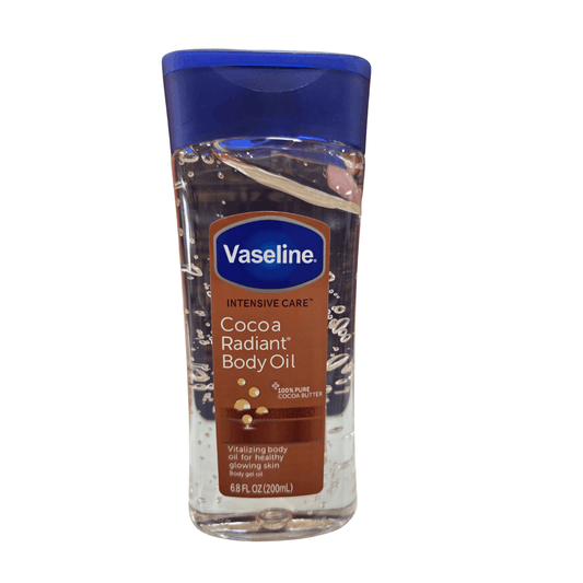 Vaseline Cocoa Radiant Body Oil bottle on a white background