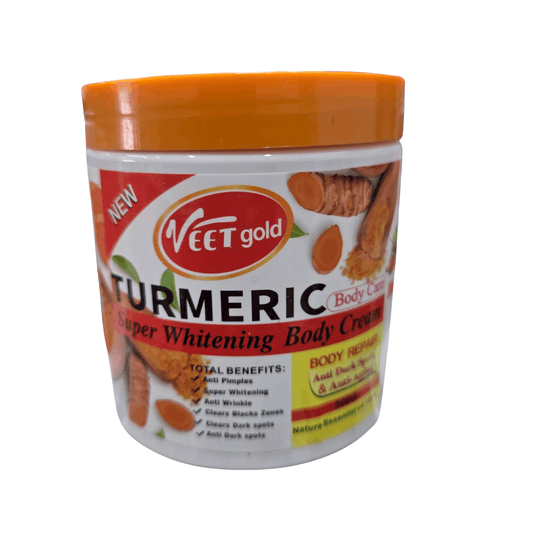Veet Gold Turmeric Super Whitening Body Cream jar with orange lid on a white background