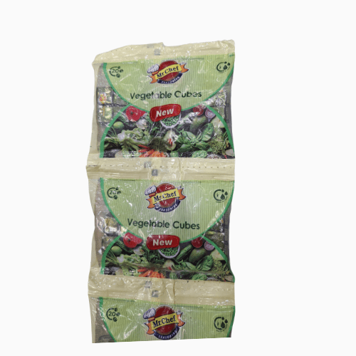 Pack of vegetable cubes with a green label on a white background