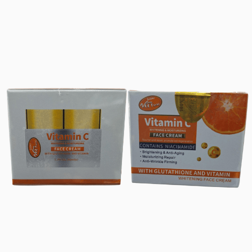 Two boxes of Vitamin C face cream with orange and white design on a white background