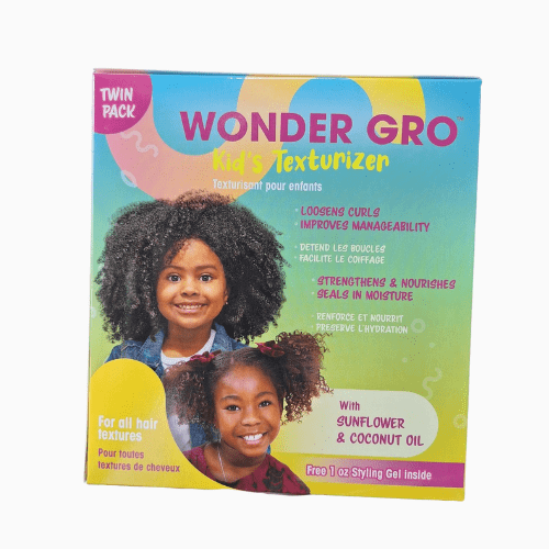 Box of Wonder Gro Kids' Texturizer with two children on a white background