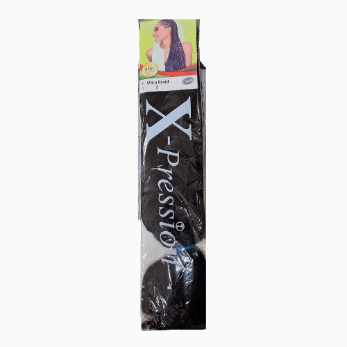 Packaged hair extensions with X-Pression branding on a white background