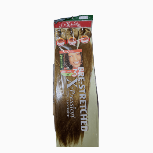 Packaged hair extensions with visible branding on a white background