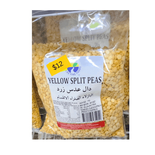Packaged yellow split peas with a price tag on a white background