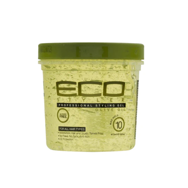 Eco Style Olive Oil Styling Gel. Infused with olive oil, this gel provides a strong hold while hydrating and nourishing your hair